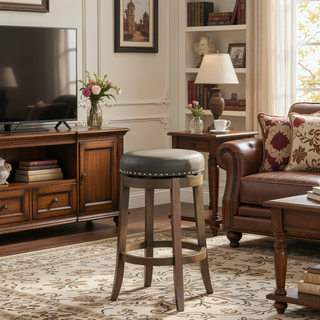 Sunvega Set of Two Gray Faux Leather Swivel Counter Stools with Wood Base