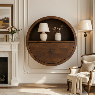 Sunvega Handcrafted Solid Wood Circular Bedside Table with Drawer and Open Slot