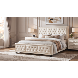Sunvega Sophia Cream Velvet Upholstered Crystal Tufted 5-Drawer Chest for Bedroom