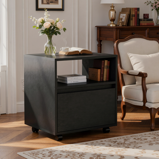 Sunvega White Nightstand with One Open Shelf and Spacious Drawer on Casters