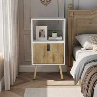 Sunvega White Macadamia Nightstand with Storage Drawer and Open Shelf