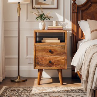 Sunvega Mini Classic Oak-ish Nightstand with Two Drawers and Nordic Legs