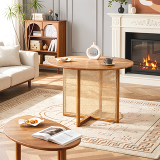 Sunvega Chinese Country Retro Walnut Solid Wood Round Table with Imitation Rattan Legs