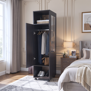 Sunvega Freestanding Wardrobe with Mirror, Shelves, Hanging Rod and Casters for Bedroom