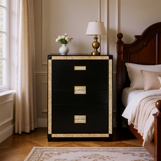 Sunvega Lively Black and Gold Nightstand with Glitter Detail and Spacious Drawers