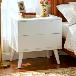Sunvega Mid-Century Modern Black Solid Wood Nightstand with 2 Drawers and Round Tapered Legs