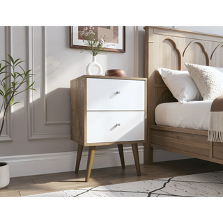 Sunvega Modern White and Brown Nightstand with 2 Drawers for Bedroom