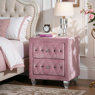 Sunvega Transitional Gray Upholstered Nightstand with Glass Top and Crystal Knobs