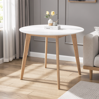 Sunvega Mid-Century Modern Round Dining Table with Two-Tone White and Natural Wood