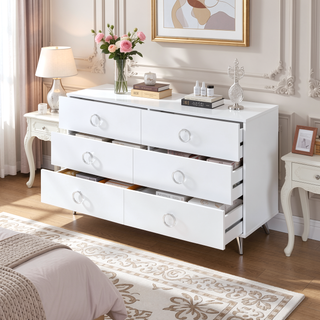 Sunvega White 6-Drawer Dresser with Chrome Hardware and Metal Hairpin Legs