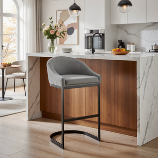 Sunvega Black Metal Counter Stool with Gray Faux Leather Upholstery