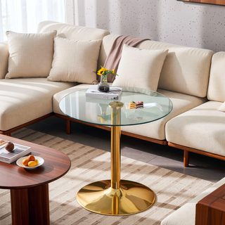 Sunvega Modern Round Tempered Glass Dining Table with Gold Metal Legs for 4-6