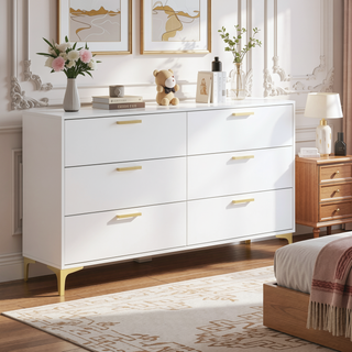 Sunvega White Dresser with Six Deep Drawers and Gold Handles for Modern Bedroom