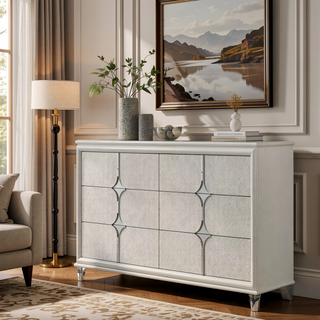 Sunvega Pearl White 6-Drawer Dresser with Mirror Fronts and Jewelry Tray