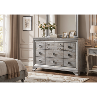 Sunvega Contemporary Glam Light Gray Brown Nightstand with Mirrored Accents and 2 Drawers