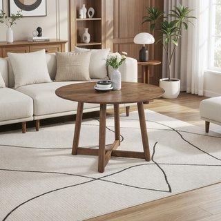 Sunvega Asian Hardwood Dining Table with Walnut Finish and Round Convex Top