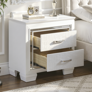 Sunvega Silver Faux Alligator Embossed Nightstand with 2 Dovetail Drawers and LED Lighting