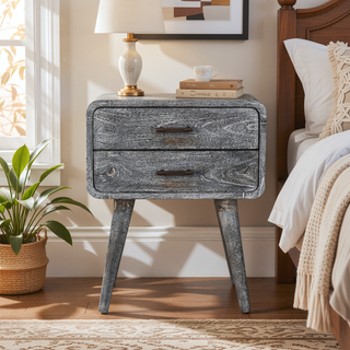 Sunvega Sandblasted Ash Curved Bedside with Brass Handles and Nordic-Style Legs
