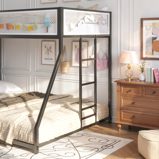 Sunvega Twin Over Full Metal Bunk Bed with Mesh Guard Rail and Stable Ladder