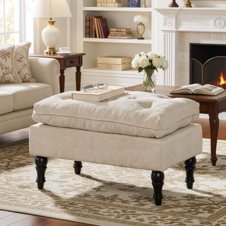 Sunvega Tufted Fabric Ottoman Footstool with Plush Pillow Top and Turned Legs