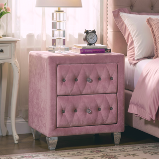 Sunvega Transitional Gray Upholstered Nightstand with Glass Top and Crystal Knobs