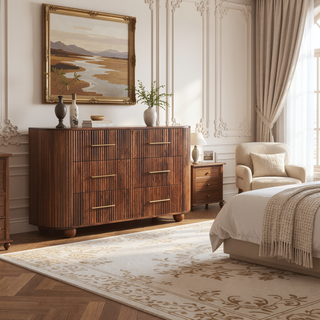 Sunvega Solid Mango Wood Ridgefront Chest with Six Fluted Drawers in Roasted Almond