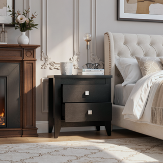 Sunvega Black Nightstand with Two Drawers and Four Legs Featuring a Superior Top