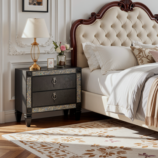 Sunvega Laine Nightstand with Crystal Acrylic Trim and Two Gray Solid Wood Drawers