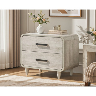 Sunvega Contemporary Style Solid Wood Nightstand with Two Drawers and White Finish