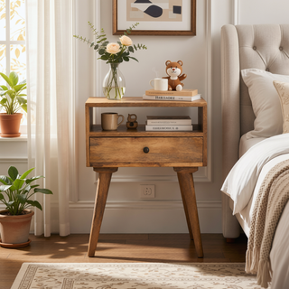 Sunvega Modern Nightstand with Open Slot and Drawer on Nordic Legs