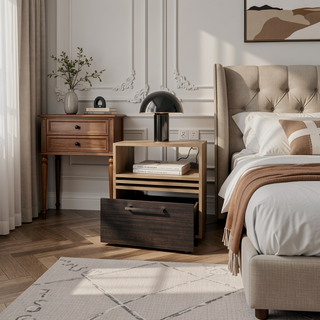 Sunvega Natural Oak Nightstand with Drawer and Open Storage on Wheels