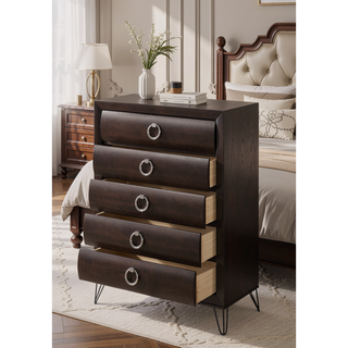 Sunvega Dark Merlot Finish Chest with Five Drawers and Black Metal Legs