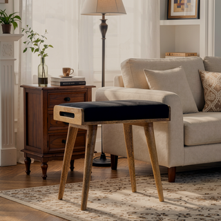 Sunvega Black Upholstered Velvet Tray Style Footstool in Timeless Light Brown