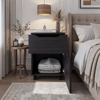 Sunvega Black Wood Modern Two-Drawer Rolling Mobile Nightstand for Bedroom