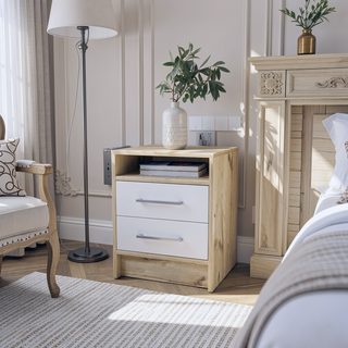 Sunvega Smokey Oak and White Finish Nightstand with Two Drawers and Open Shelf