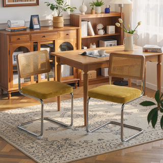 Sunvega Mid Century Modern Dining Chairs Set of 2 with Velvet Upholstery and Natural Rattan Back