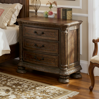 Sunvega Traditional Rustic Solid Wood Nightstand with Bronze Hanging Pulls and 3 Drawers
