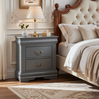 Sunvega Light Gray Solid Wood Nightstand with Two Drawers and Nickel Handles