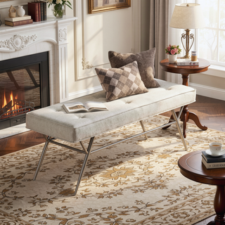 Sunvega Beige Tufted Upholstered Bench with Plush Cushioned Seat and Champagne Metal Legs