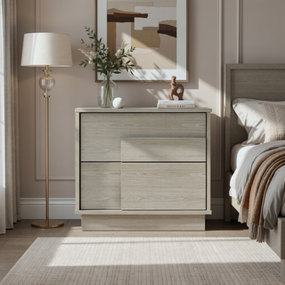 Sunvega Modern Whitewashed Oak Nightstand with Two Push Open Drawers for Bedroom