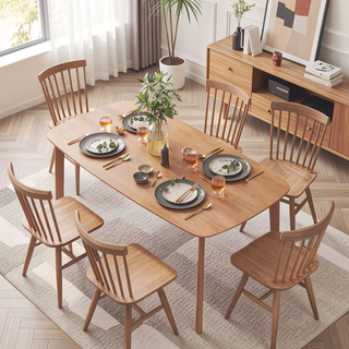 Sunvega Solid Wood Dining Table with Rustic Wood-Effect Top for Family Meals