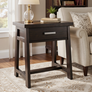 Sunvega Dark Chestnut Brown Solid Wood Industrial Style Sawhorse Side Table with Drawer