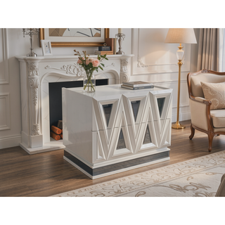 Sunvega Modern Nightstand with Gold Accents and Crystal Drawers in River Sand Grey