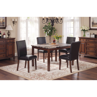 Sunvega Espresso Brown Finish Faux Marble Top Dining Table with 4 Cushioned Chairs