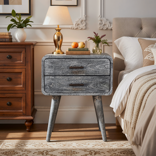 Sunvega Sandblasted Ash Curved Bedside with Brass Handles and Nordic-Style Legs