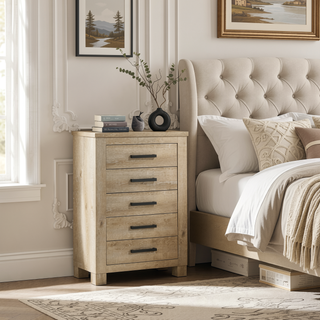 Sunvega Weathered Oak Finish Five-Drawer Chest with Bronze Handles for Bedroom
