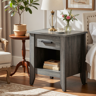 Sunvega Modern Gray Bedside Table With Storage And Sleek Lines