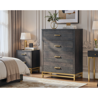 Sunvega Contemporary Gray Finish Chest with Gold Handles and Four Drawers