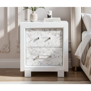 Sunvega Marble Style White Nightstand with Spacious Drawers and Knob Hardware