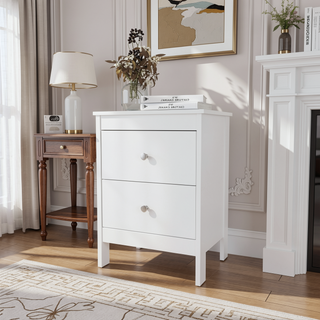 Sunvega Compact White Nightstand with 2 Drawers and Scratch-Resistant Surface